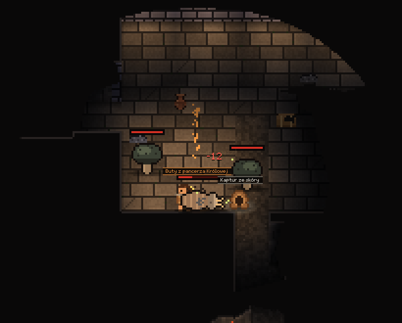 Loot on the dungeon floor with item names shown after a fight.