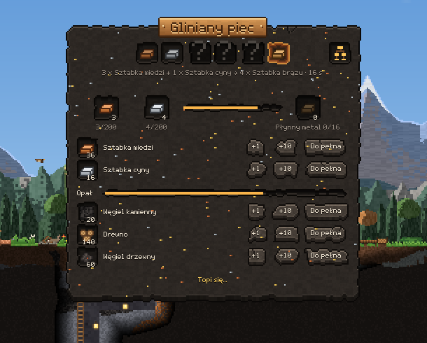 Clay furnace window: copper and tin ingots alloyed into bronze, with fuel gauges.