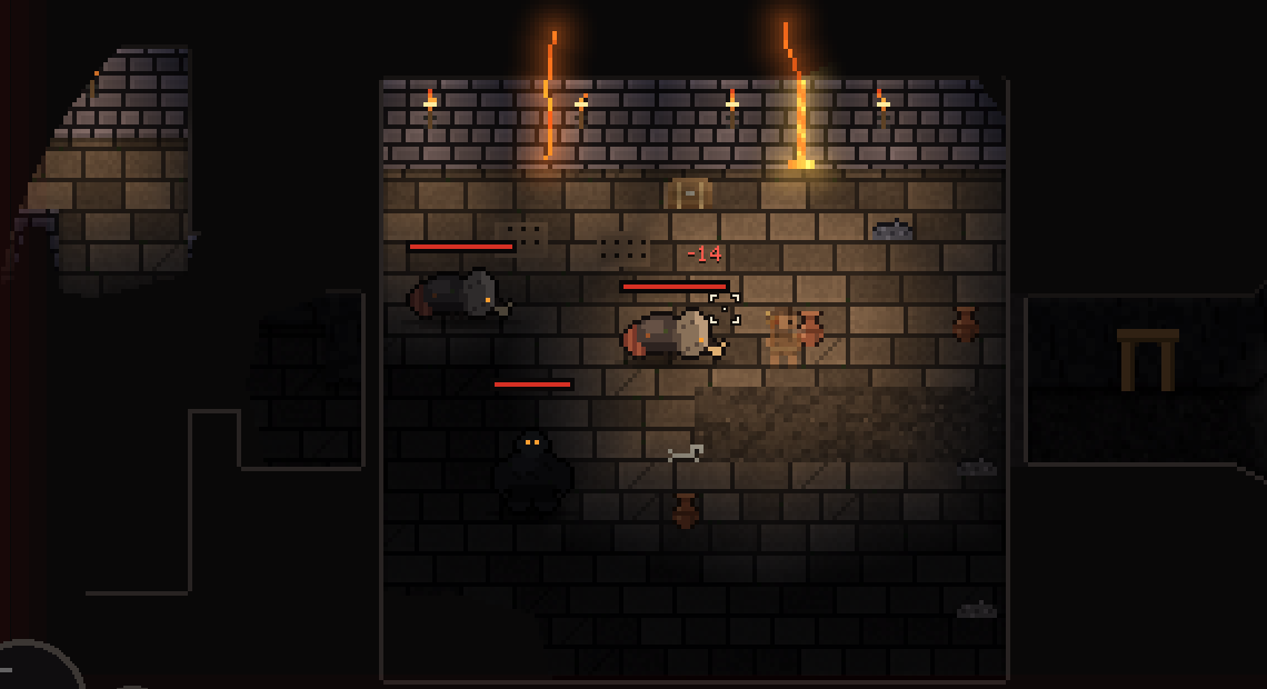 A brick dungeon chamber lit by lava running down the wall, with beetles and a rubble creature.