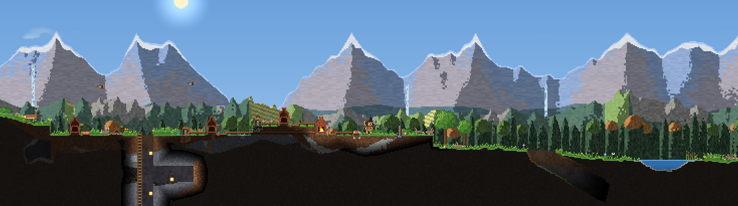 The player's base on the surface: furnaces, a campfire and a shaft with a ladder going down, mountains behind.